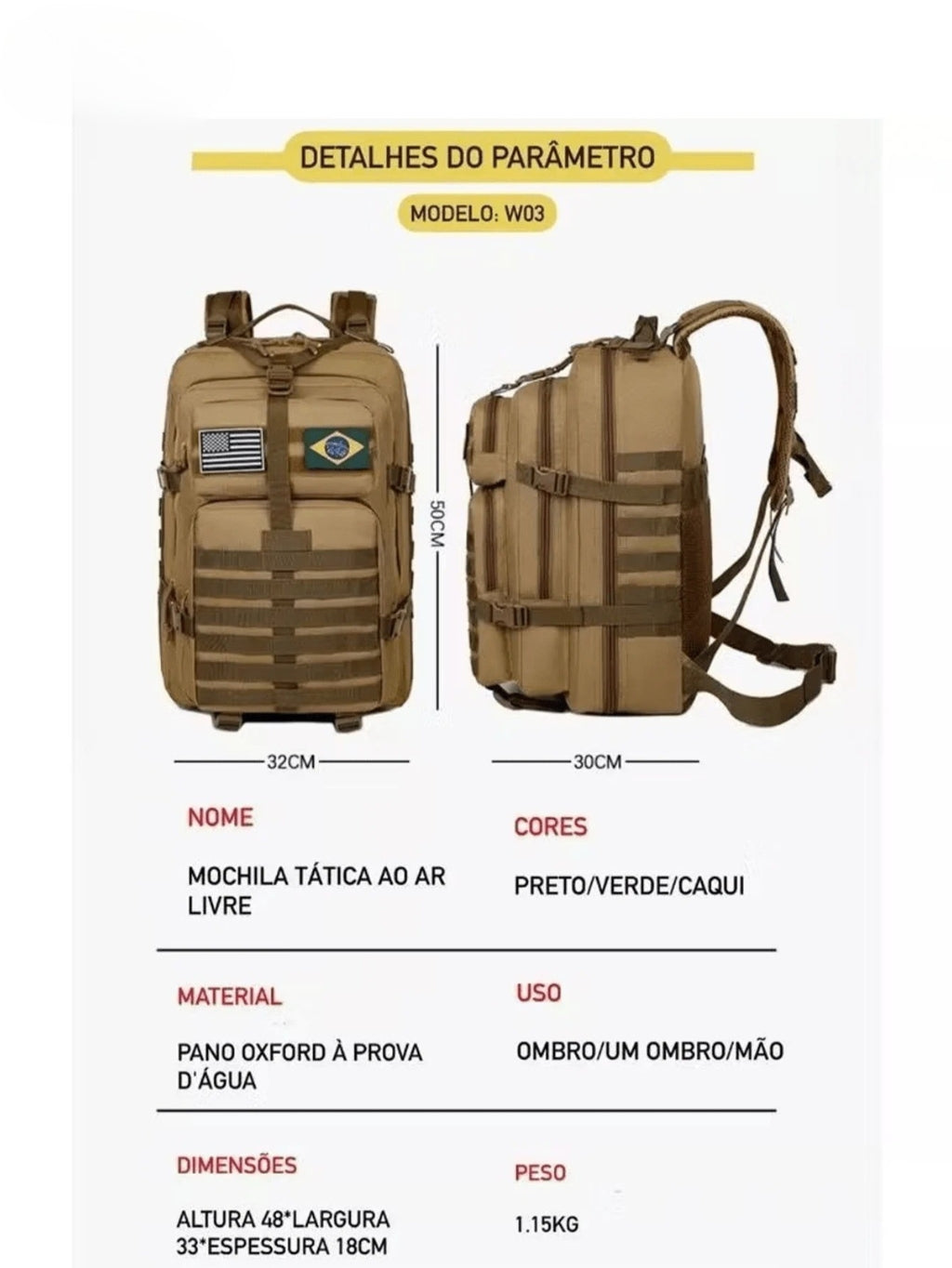 Mochila Masculina Militar Tática Impermeável 50L